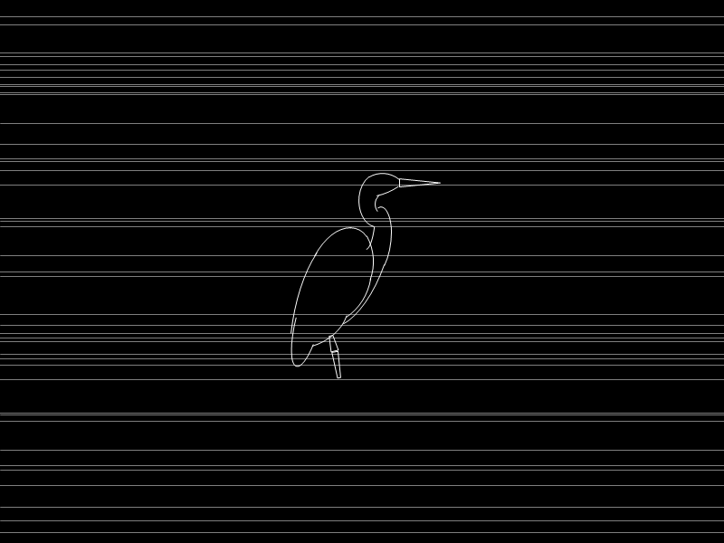 There's a bit of a story behind this one. I've been trying to get Ubuntu Linux to work on my laptop. At the moment, on 8.04 'Hardy Heron' Ubuntu, I get horizontal lines like this, and sound, but no windows or icons. But it looks kinda stylish, so I've put a lineart heron on here and called it art. (By the way, the heron's based on this one:  http://www.morguefile.com/archive/display/104975 .
